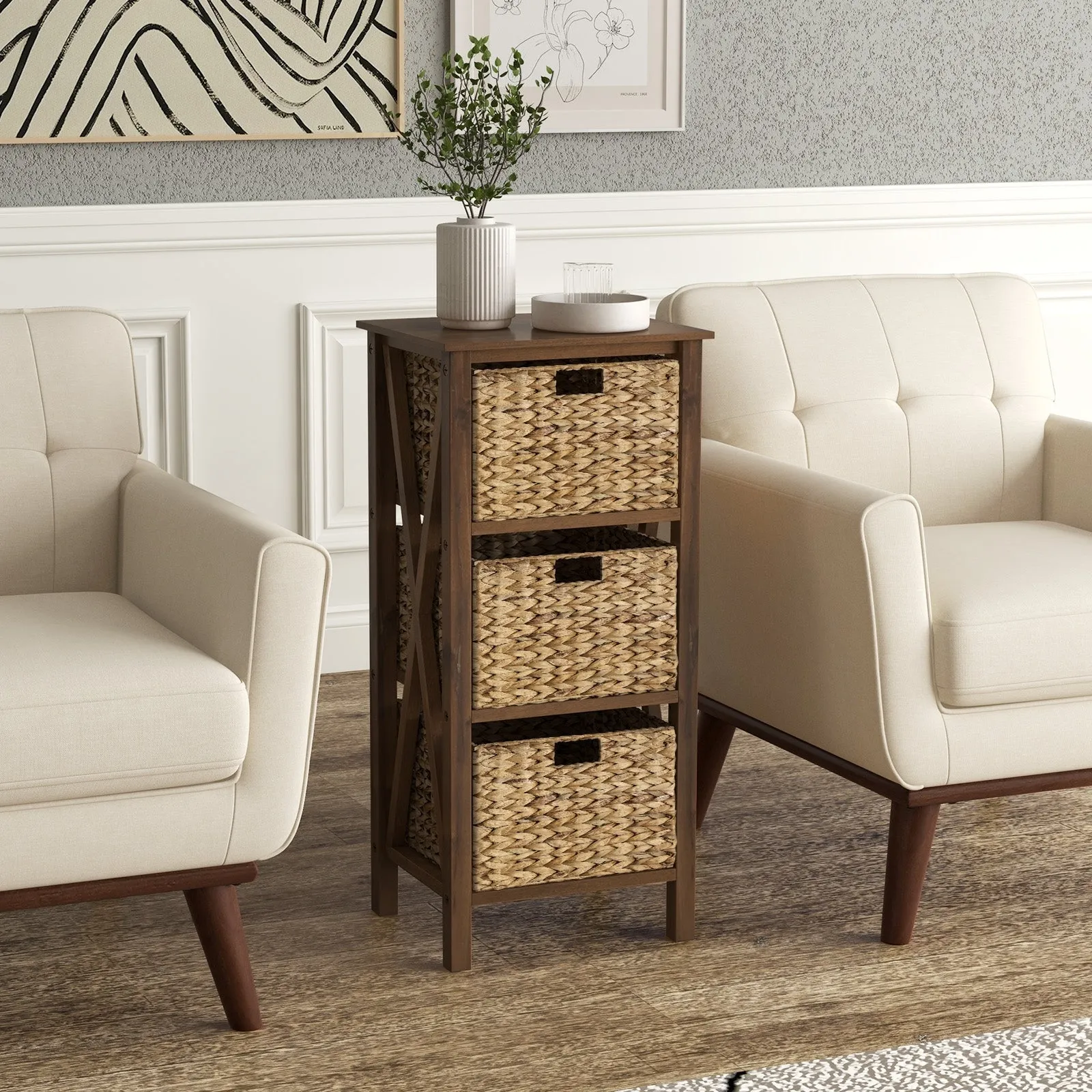 3-Tier Nightstand with 3 Seagrass Baskets Narrow X-Design-3-Tier