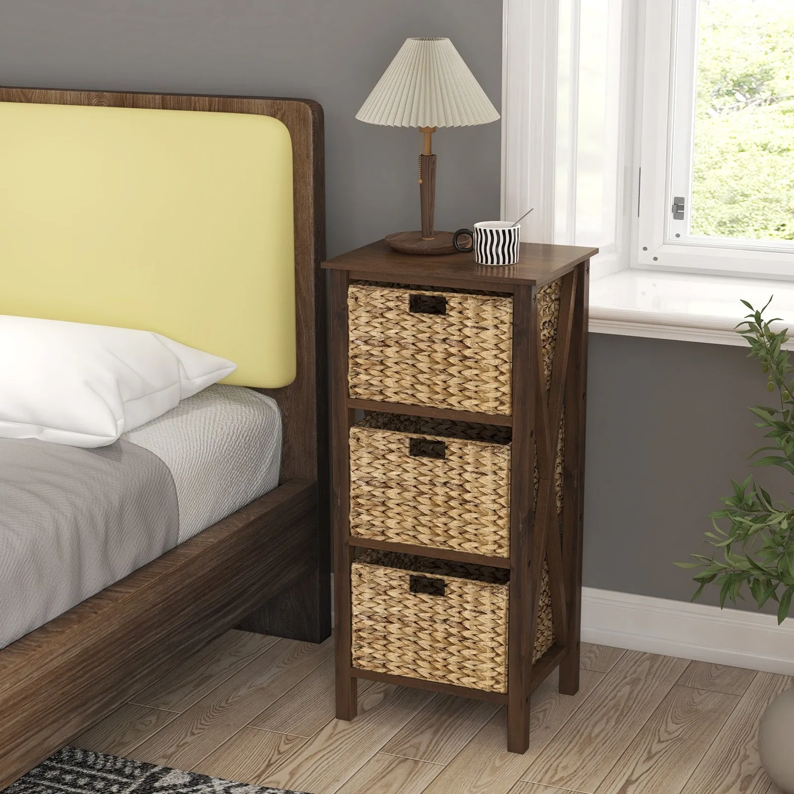 3-Tier Nightstand with 3 Seagrass Baskets Narrow X-Design-3-Tier