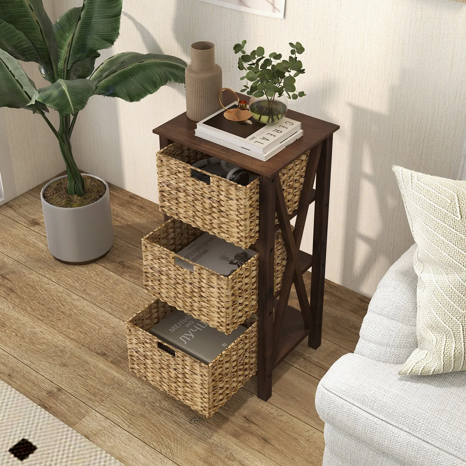 3-Tier Nightstand with 3 Seagrass Baskets Narrow X-Design-3-Tier