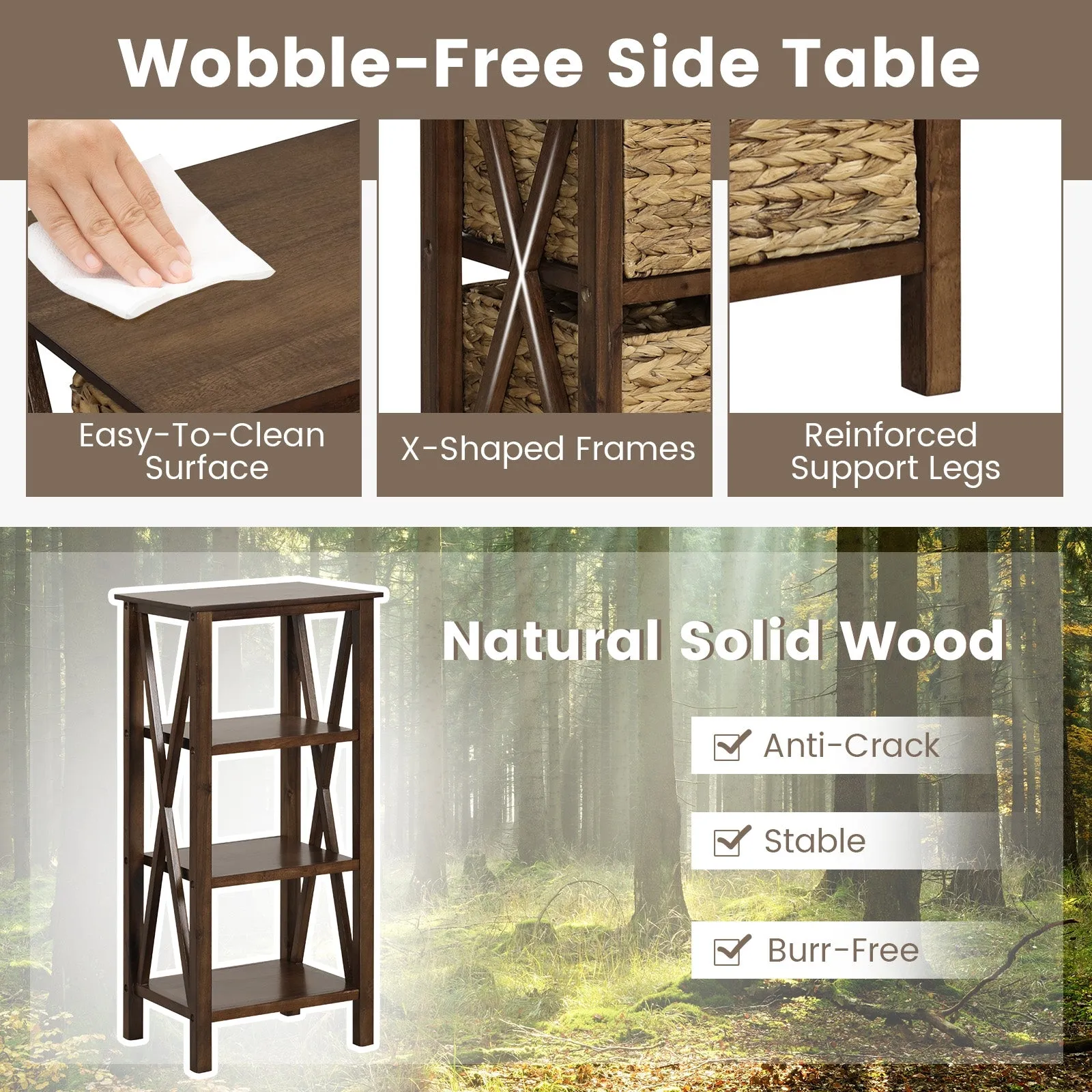 3-Tier Nightstand with 3 Seagrass Baskets Narrow X-Design-3-Tier
