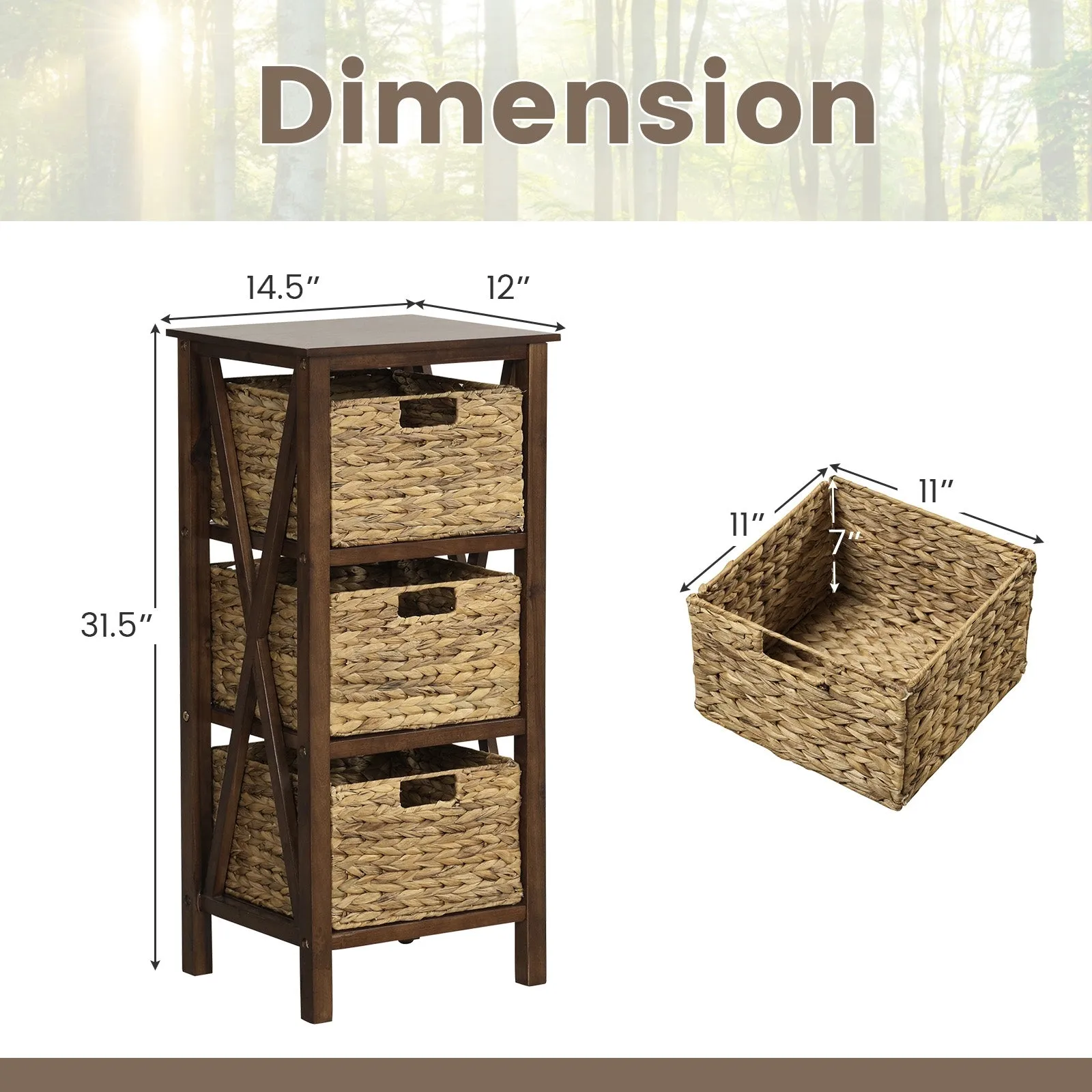 3-Tier Nightstand with 3 Seagrass Baskets Narrow X-Design-3-Tier