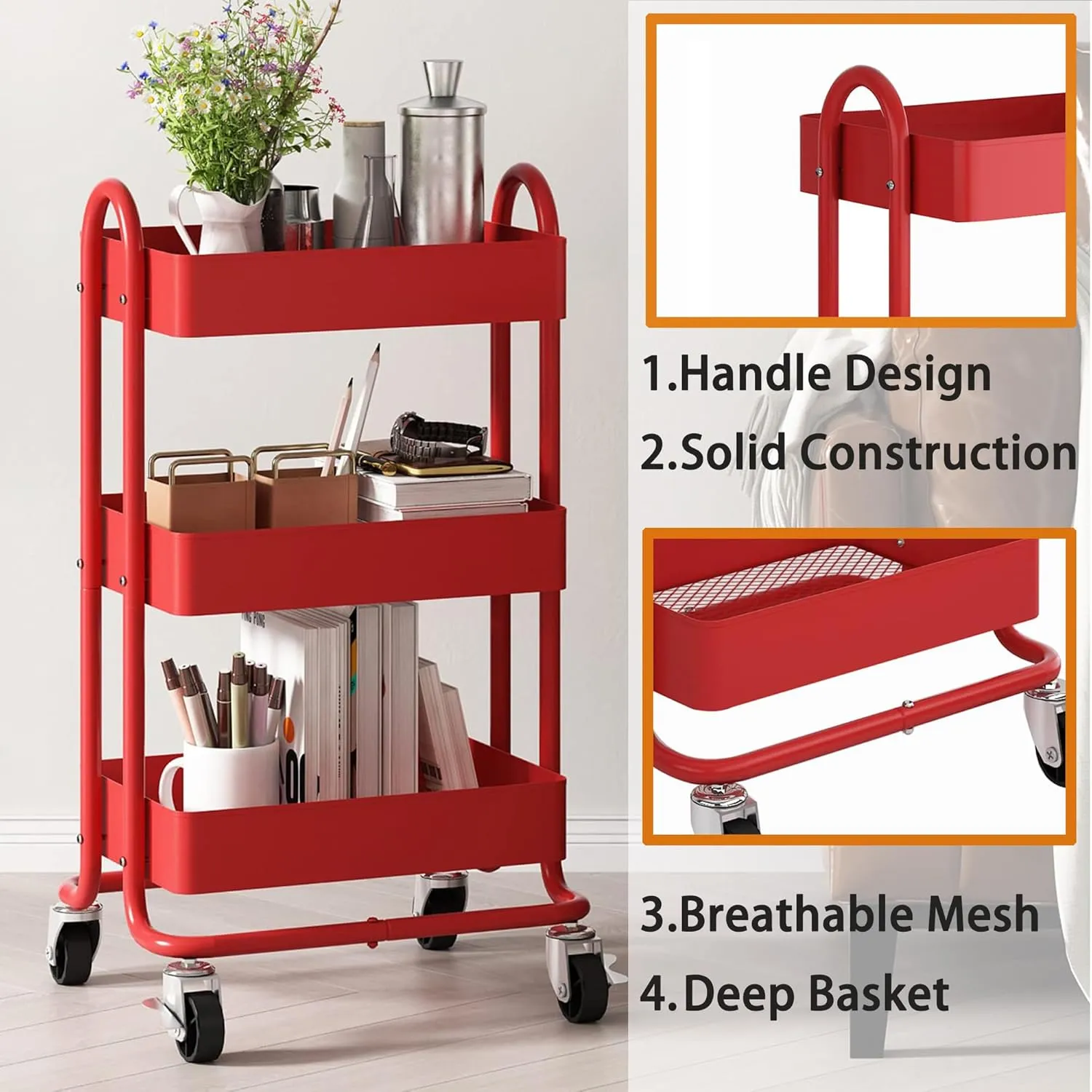 3-Tier Red Utility Rolling Cart,Kitchen Storage Carts with Wheels,Metal Rolling Cart for Office,Home,Kitchen,Garden（13.4"x18.1"x31"） Red