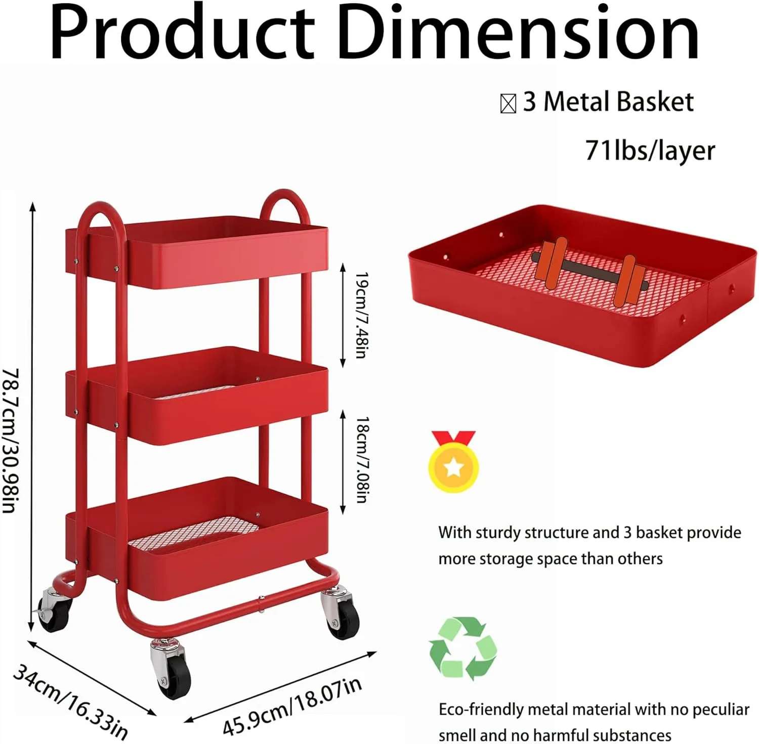 3-Tier Red Utility Rolling Cart,Kitchen Storage Carts with Wheels,Metal Rolling Cart for Office,Home,Kitchen,Garden（13.4"x18.1"x31"） Red