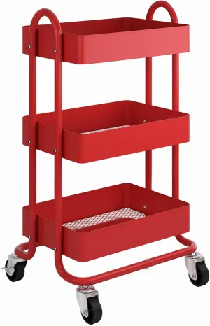 3-Tier Red Utility Rolling Cart,Kitchen Storage Carts with Wheels,Metal Rolling Cart for Office,Home,Kitchen,Garden（13.4"x18.1"x31"） Red