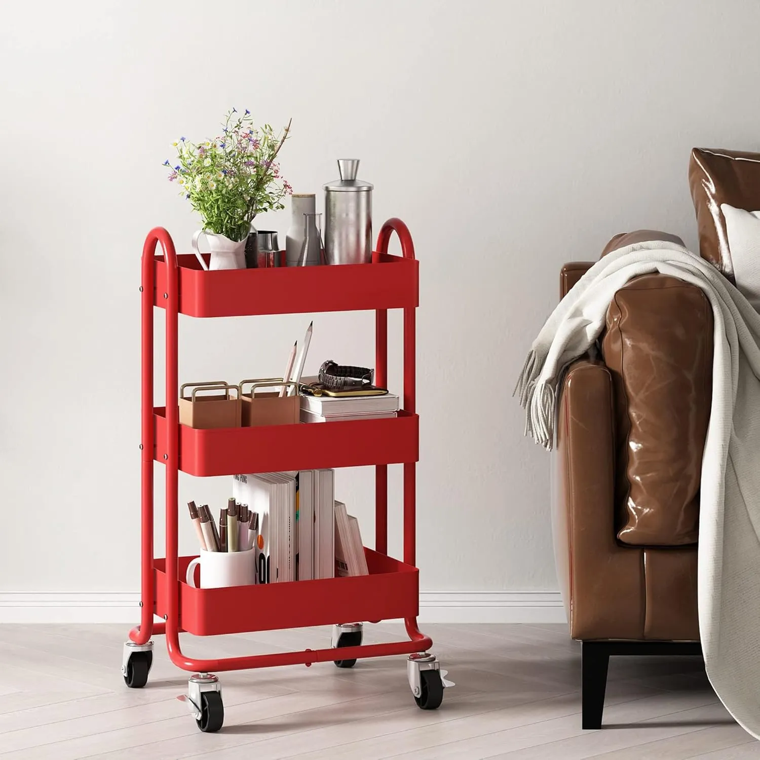 3-Tier Red Utility Rolling Cart,Kitchen Storage Carts with Wheels,Metal Rolling Cart for Office,Home,Kitchen,Garden（13.4"x18.1"x31"） Red