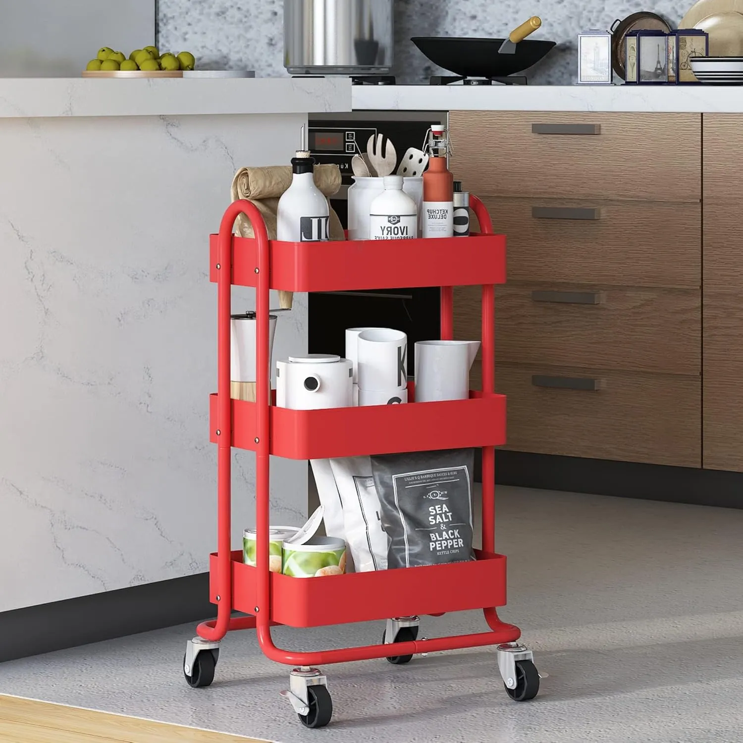 3-Tier Red Utility Rolling Cart,Kitchen Storage Carts with Wheels,Metal Rolling Cart for Office,Home,Kitchen,Garden（13.4"x18.1"x31"） Red