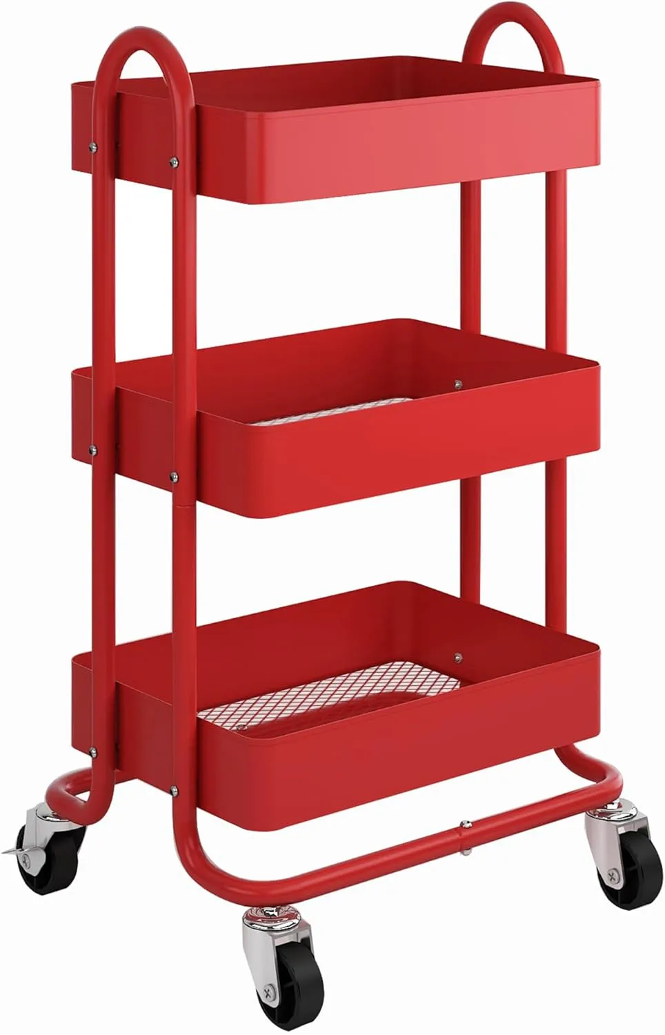 3-Tier Red Utility Rolling Cart,Kitchen Storage Carts with Wheels,Metal Rolling Cart for Office,Home,Kitchen,Garden（13.4"x18.1"x31"） Red