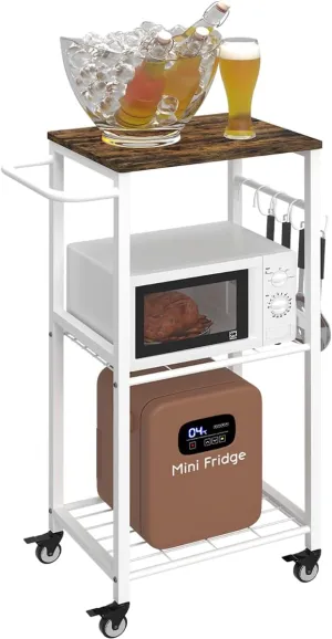 3-Tier Rolling Kitchen Cart Microwave Stand on Wheel, Movable Coffee Bar Cart with Metal Handle, Bakers Rack with 8 Hooks Utility Cart for Living Room, Bedroom, Bathroom, Office, White