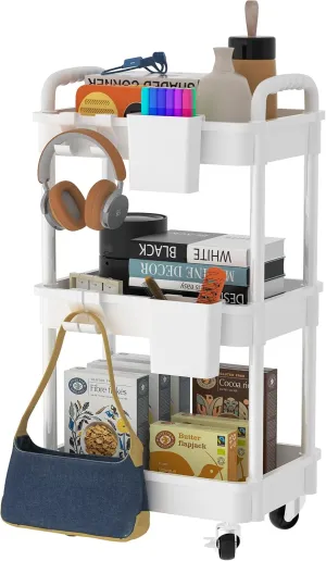 3-Tier Storage Cart with Lockable Caster Wheels, Multifunctional Utility Rolling Cart, Mobile Shelving Unit, Perfect for Kitchen, Bathroom, Office, Garage（White）