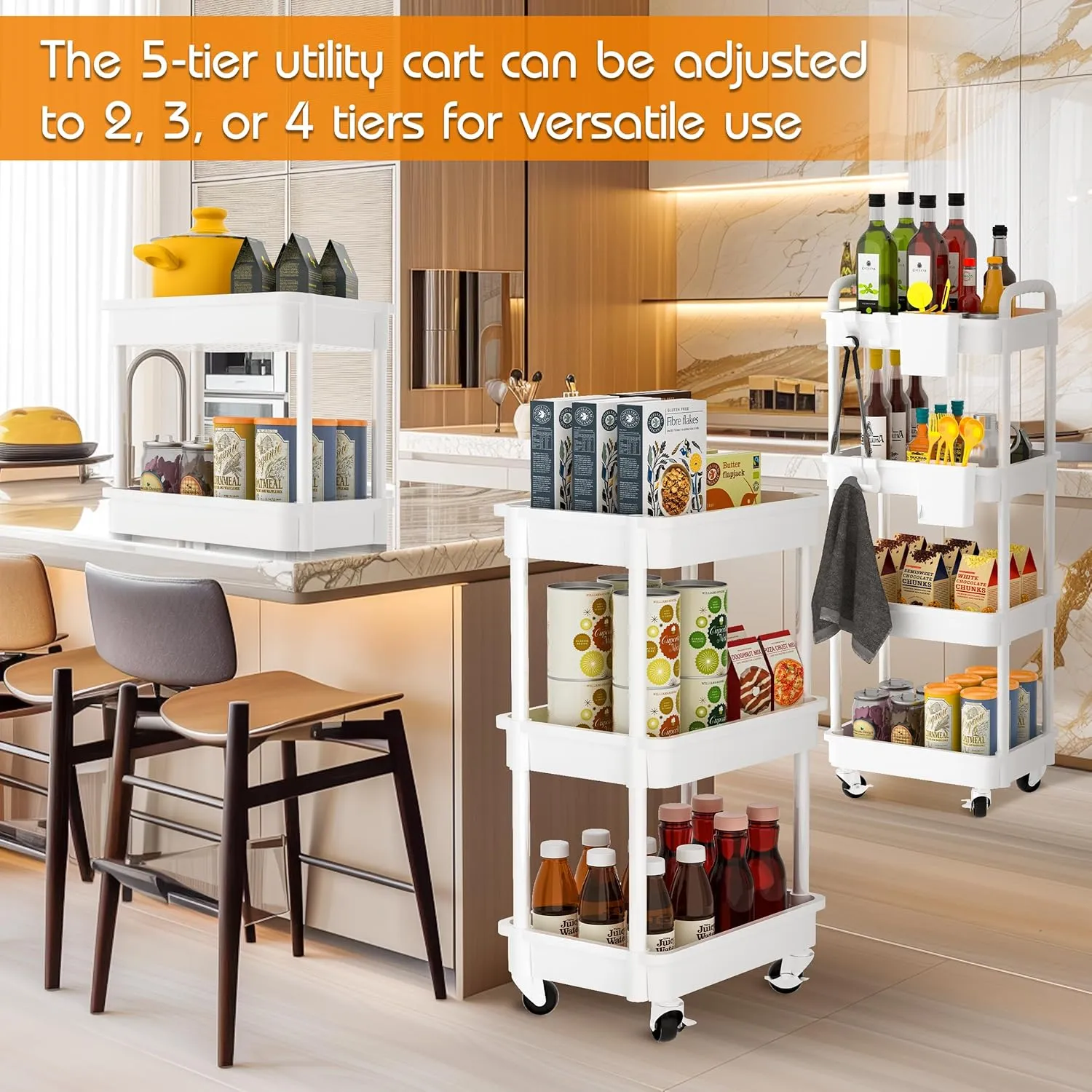 3-Tier Storage Cart with Lockable Caster Wheels, Multifunctional Utility Rolling Cart, Mobile Shelving Unit, Perfect for Kitchen, Bathroom, Office, Garage（White）
