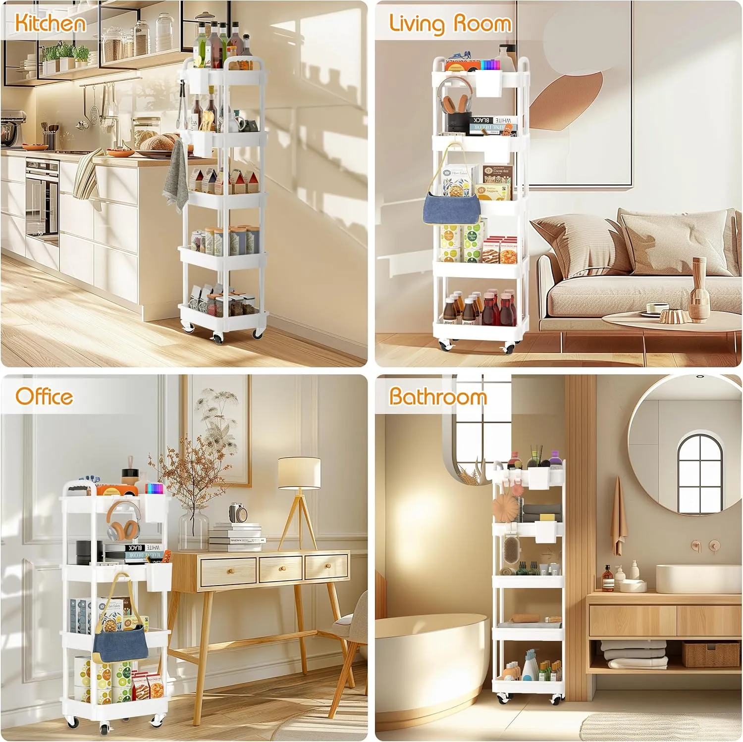 3-Tier Storage Cart with Lockable Caster Wheels, Multifunctional Utility Rolling Cart, Mobile Shelving Unit, Perfect for Kitchen, Bathroom, Office, Garage（White）
