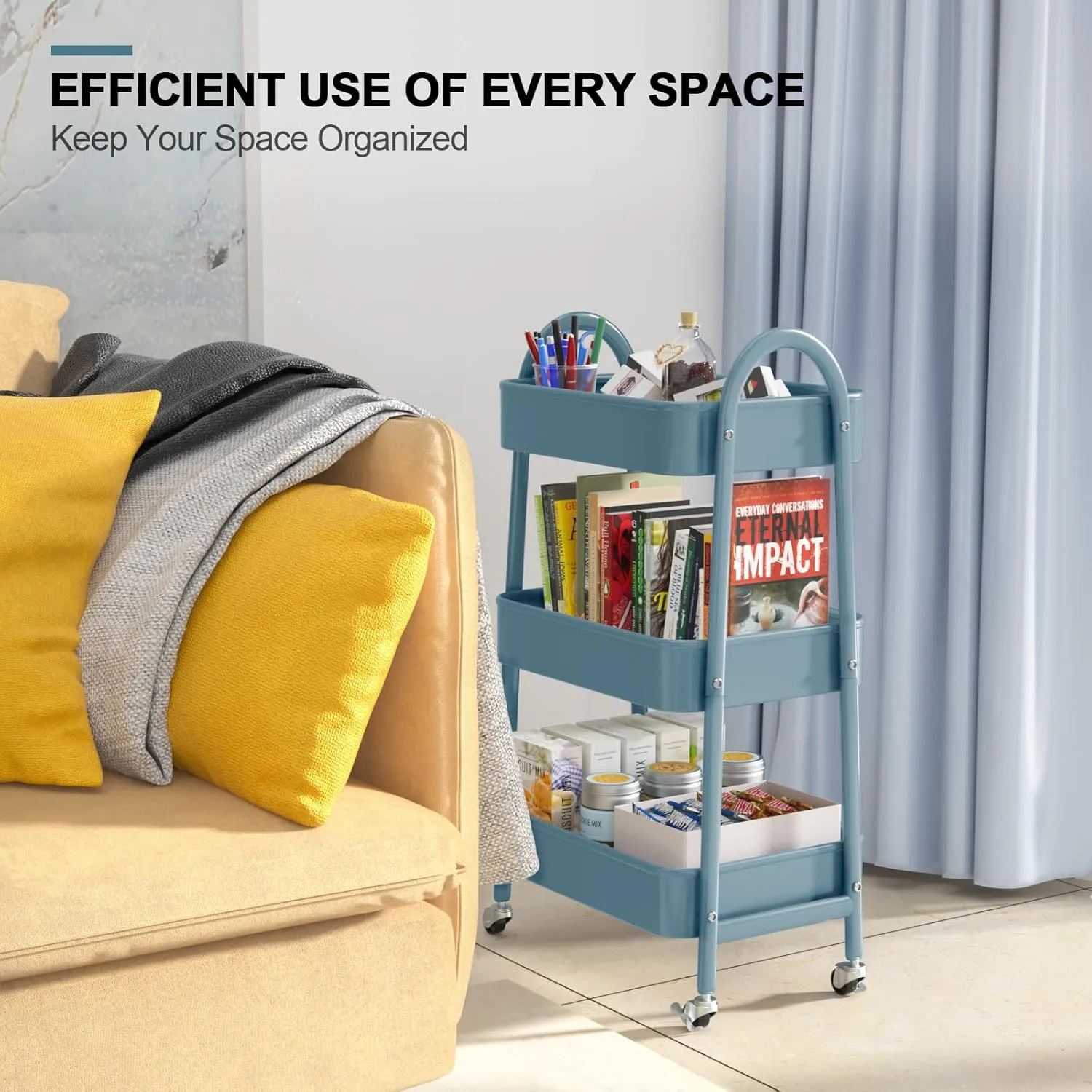 3 Tier Utility Rolling Cart, EAGMAK Metal Storage Cart with Handle and Lockable Wheels, Multifunctional Storage Organizer Trolley with Mesh Baskets for Kitchen, Living Room, Office, Garage (Blue)