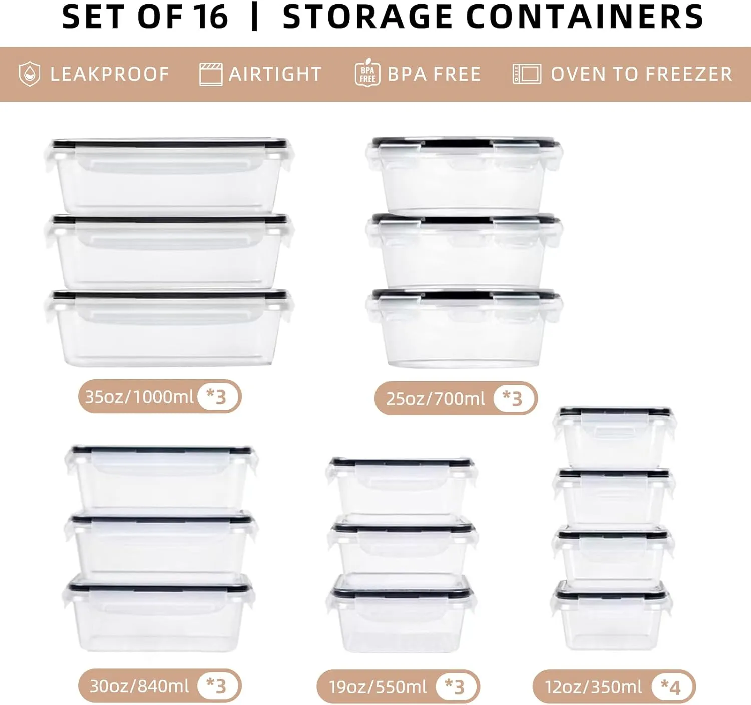 32 Piece Airtight Plastic Food Storage Containers with Lids (16-Pack 360oz)