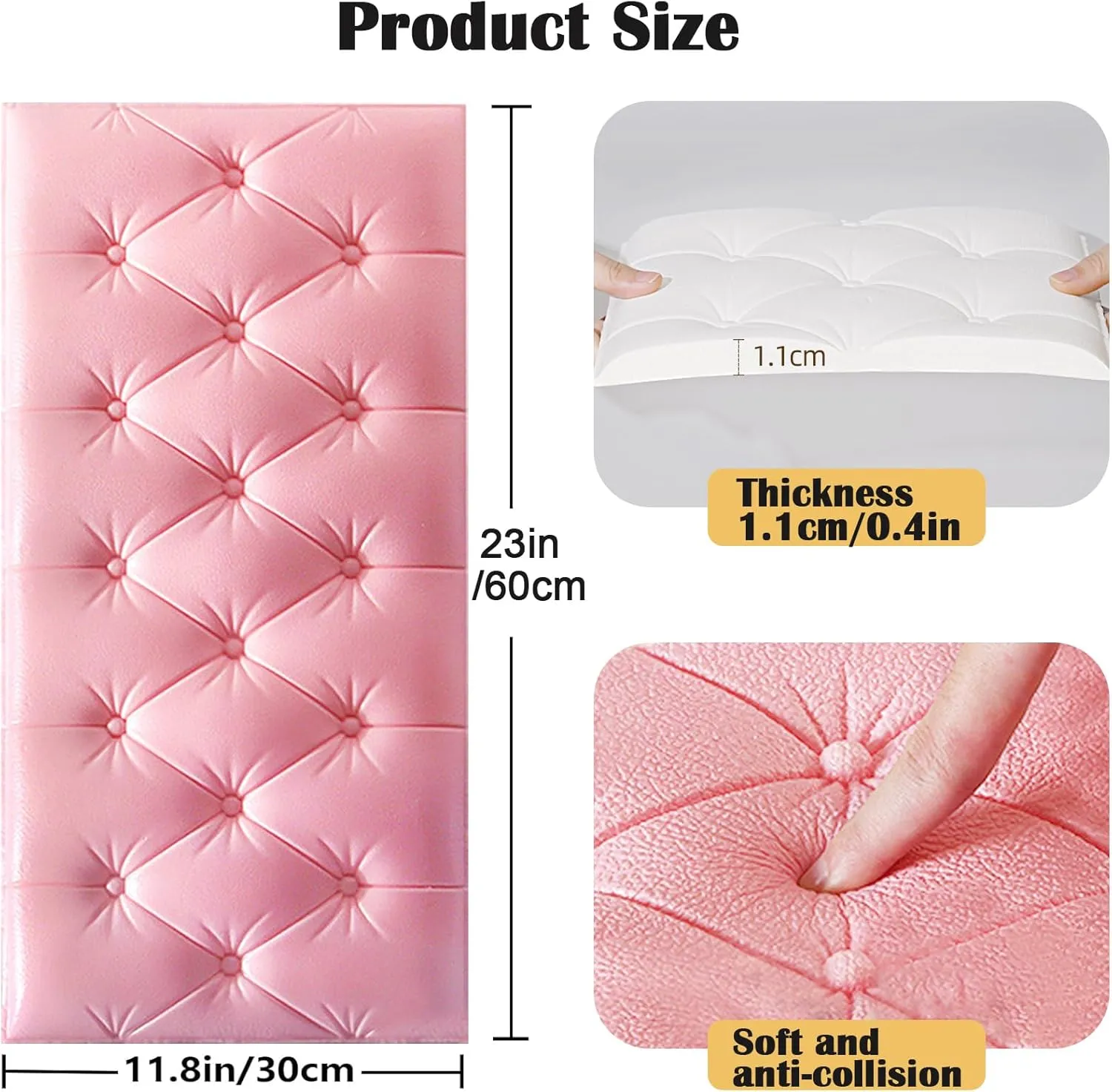 3D Anti Collision Wall Padding for Bedroom, Peel and Stick Headboard Padded Wall Cushion Upholstered Self-Adhesive Wall Panels Playroom Decorative Protection Panel Pink 4 Pack（11.8"x23.6"）