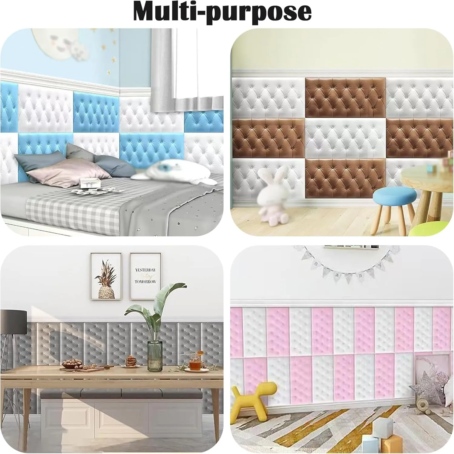 3D Anti Collision Wall Padding for Bedroom, Peel and Stick Headboard Padded Wall Cushion Upholstered Self-Adhesive Wall Panels Playroom Decorative Protection Panel Pink 4 Pack（11.8"x23.6"）