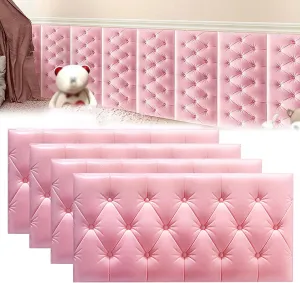 3D Anti Collision Wall Padding for Bedroom, Peel and Stick Headboard Padded Wall Cushion Upholstered Self-Adhesive Wall Panels Playroom Decorative Protection Panel Pink 4 Pack（11.8"x23.6"）