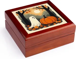 3dRose, A Baby Ghost Forager And A Huge Pumpkin Cut-Out Stencil-Style, Jewelry Box 5.5x5.5 inch with 4 inch tile