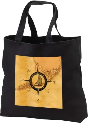 3dRose Nautical map with compass rose and sailboat. - Tote Bags (tb_333375)