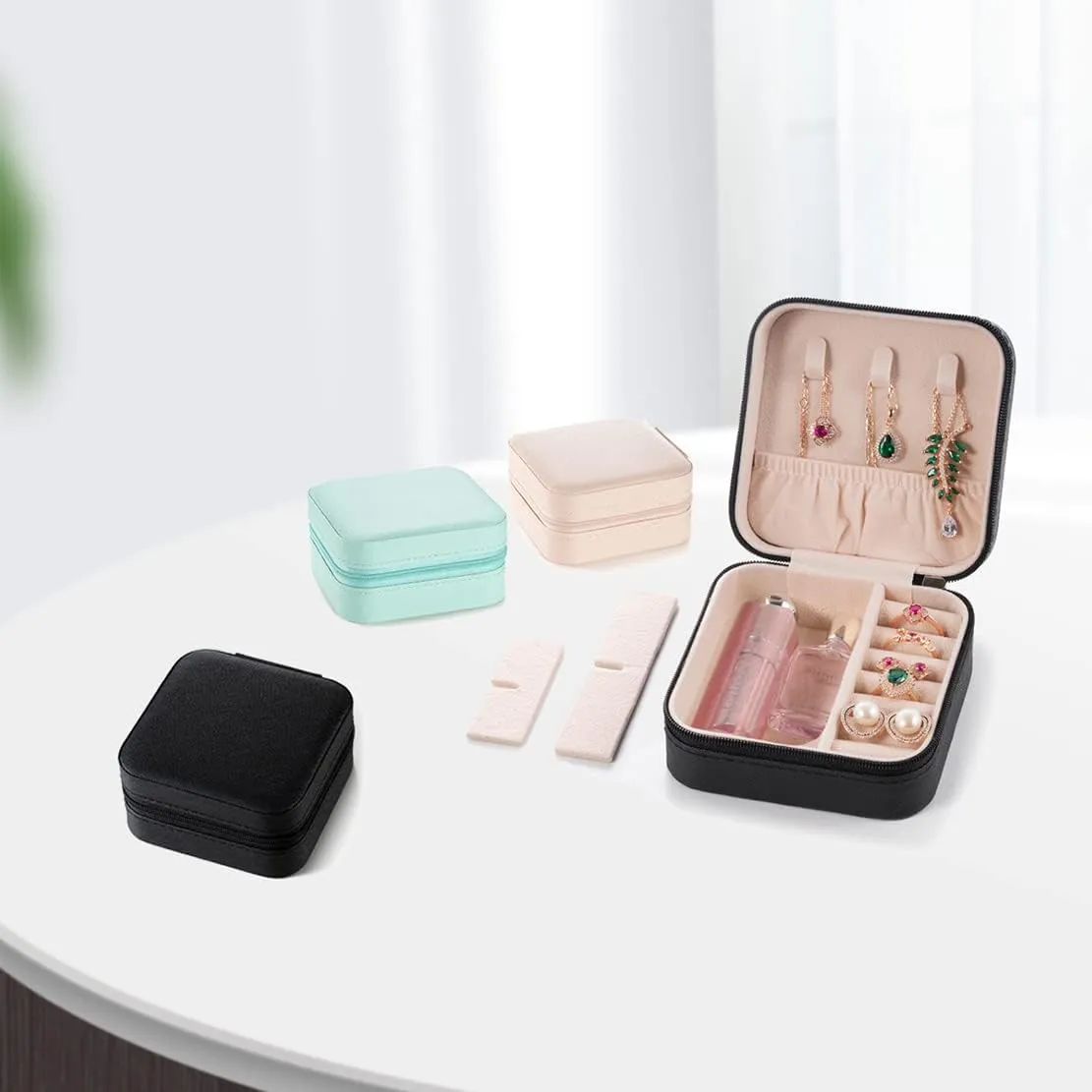3pack/PU Leather Travel Jewelry Case, Mini Jewelry Box, Small Jewelry Organizer Portable Display Storage Case for Rings Earrings Necklace Bracelet, for Girls Women (Black - 3 Packs)