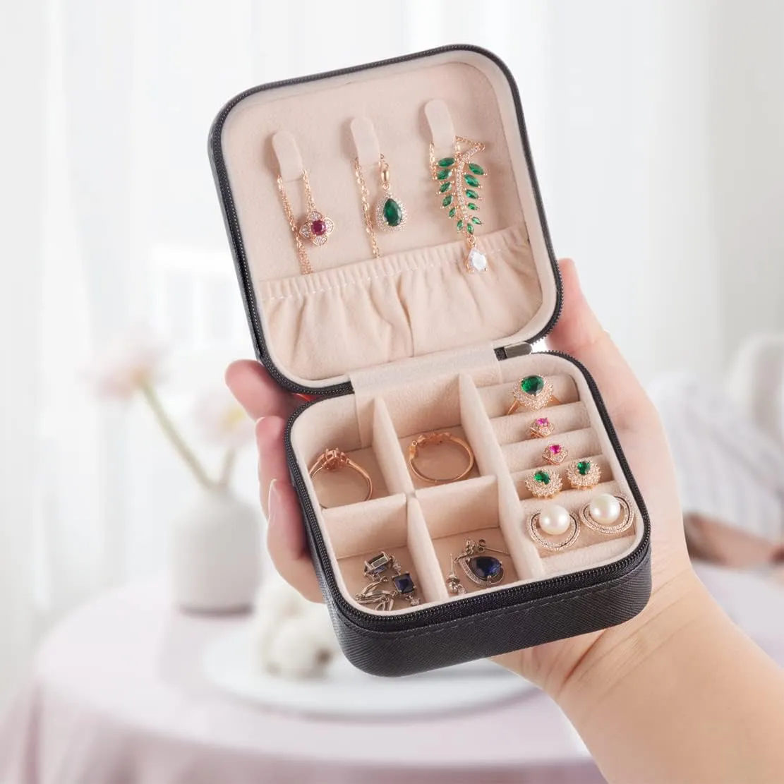 3pack/PU Leather Travel Jewelry Case, Mini Jewelry Box, Small Jewelry Organizer Portable Display Storage Case for Rings Earrings Necklace Bracelet, for Girls Women (Black - 3 Packs)