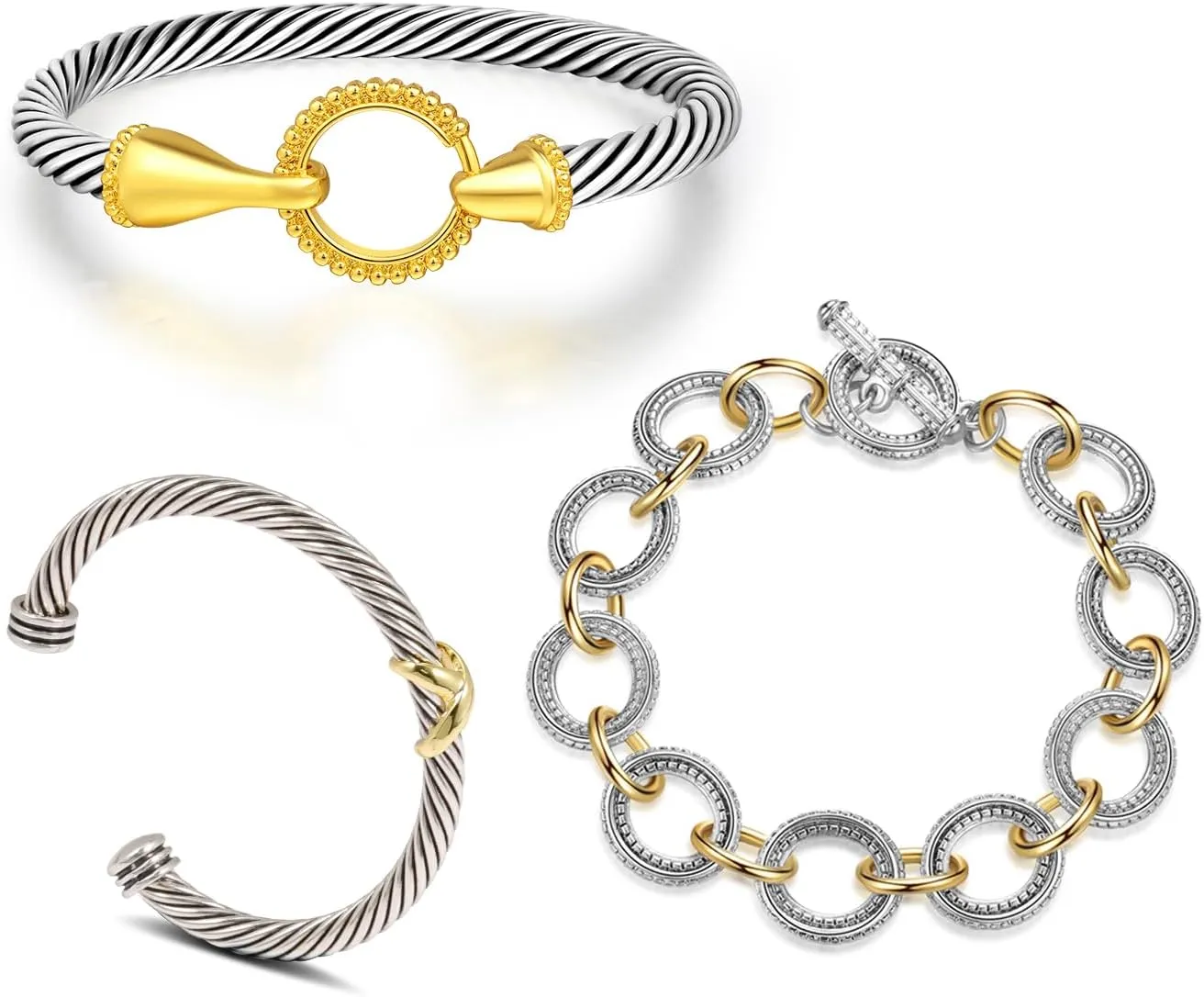3Pcs Twisted Cable Cuff and Chain Bracelets Set, Trendy Gold and Silver Bangle Two Tone Bracelet Designer Dupes Adjustable Mixed Metal Jewelry for Women (Cuff and Chain A)
