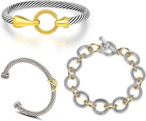 3Pcs Twisted Cable Cuff and Chain Bracelets Set, Trendy Gold and Silver Bangle Two Tone Bracelet Designer Dupes Adjustable Mixed Metal Jewelry for Women (Cuff and Chain A)