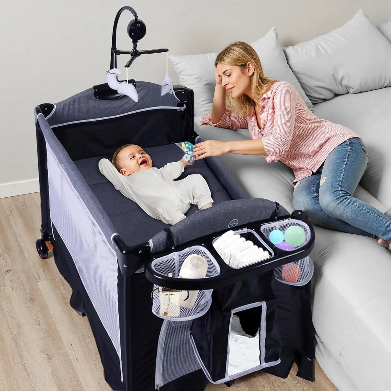 4 in 1 Pack n Play, Multifunction Baby Bassinet Bedside Crib, Portable Baby Nursery Center Playard w/Changing Table, Storage Basket, One-Hand Folding Playpen for Newborn to Toddlers
