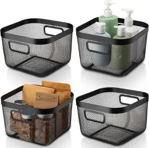 4 Pack Metal Mesh Steel Basket with Hollow Handles Square Wire Mesh Open Bin Fruit Storage Basket for Kitchen Bathroom Picnic Shopping Cabinet Home Items (Black, 9.6 x 9.6x 6.9 Inch)