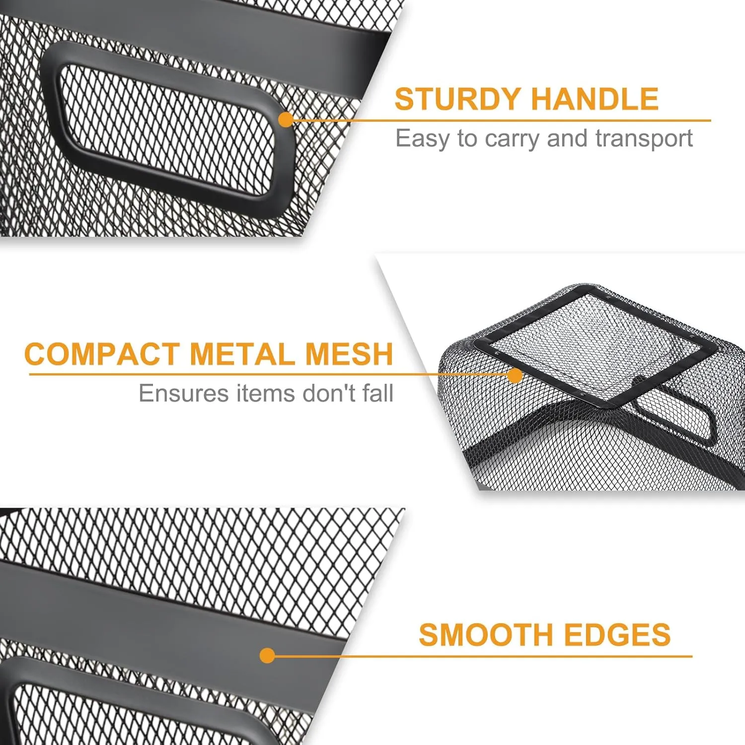 4 Pack Metal Mesh Steel Basket with Hollow Handles Square Wire Mesh Open Bin Fruit Storage Basket for Kitchen Bathroom Picnic Shopping Cabinet Home Items (Black, 9.6 x 9.6x 6.9 Inch)