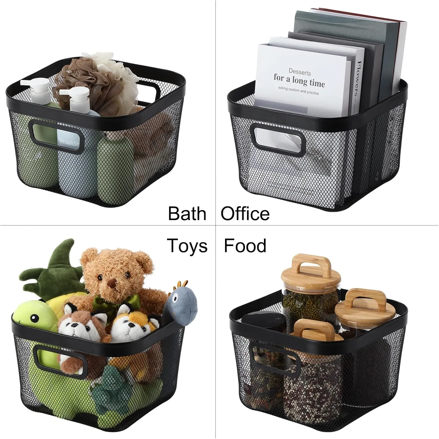 4 Pack Metal Mesh Steel Basket with Hollow Handles Square Wire Mesh Open Bin Fruit Storage Basket for Kitchen Bathroom Picnic Shopping Cabinet Home Items (Black, 9.6 x 9.6x 6.9 Inch)