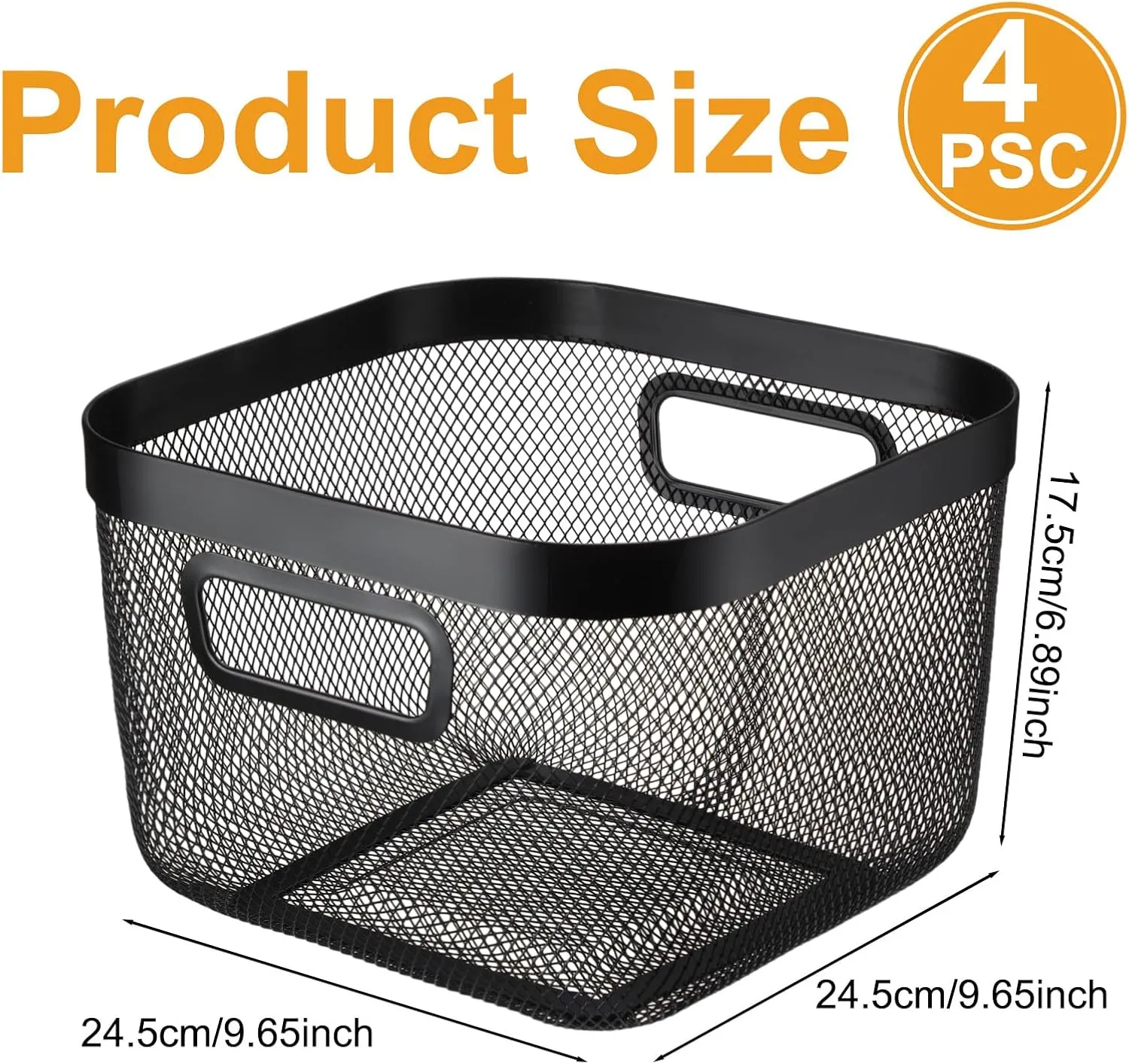 4 Pack Metal Mesh Steel Basket with Hollow Handles Square Wire Mesh Open Bin Fruit Storage Basket for Kitchen Bathroom Picnic Shopping Cabinet Home Items (Black, 9.6 x 9.6x 6.9 Inch)