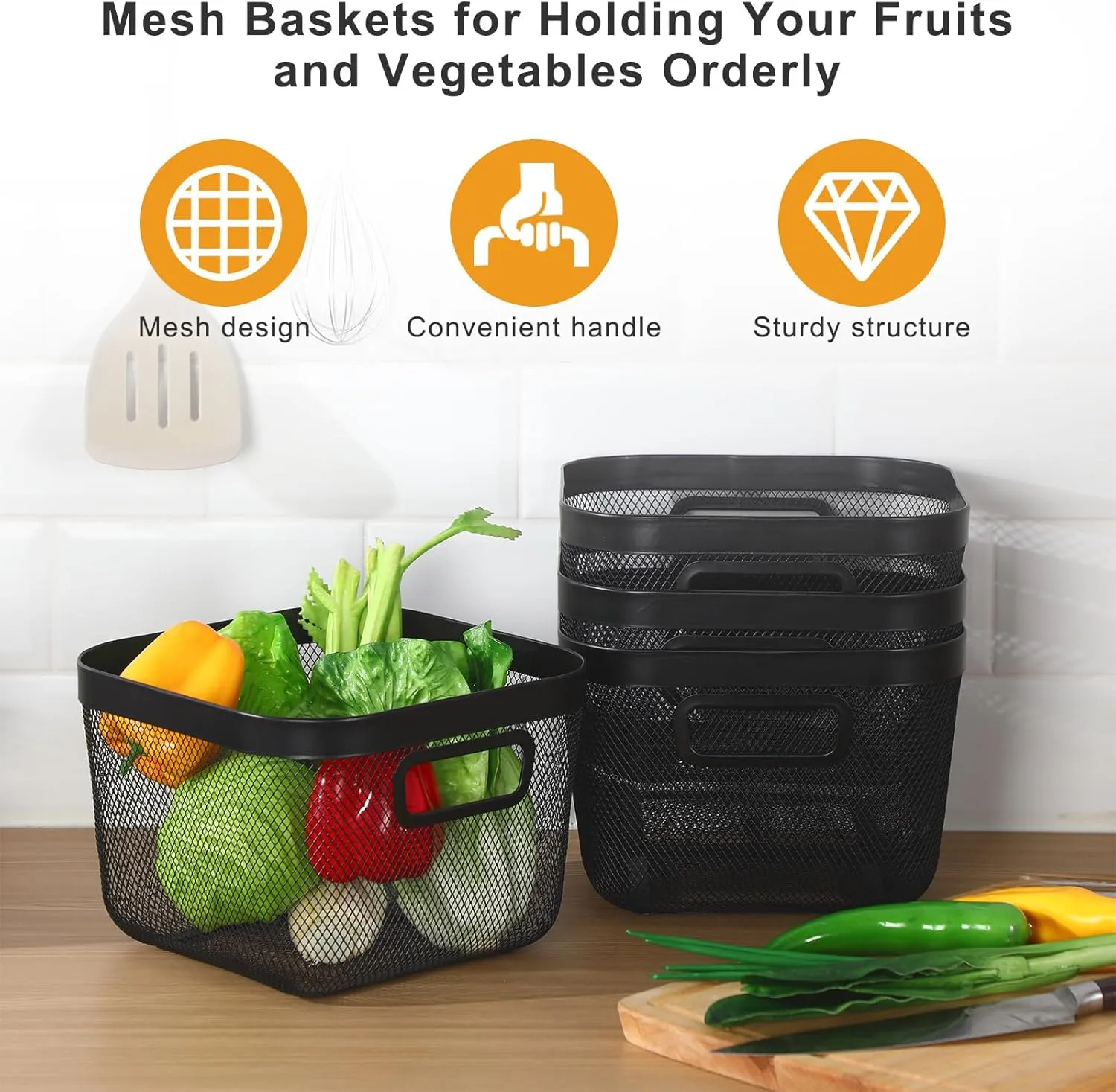 4 Pack Metal Mesh Steel Basket with Hollow Handles Square Wire Mesh Open Bin Fruit Storage Basket for Kitchen Bathroom Picnic Shopping Cabinet Home Items (Black, 9.6 x 9.6x 6.9 Inch)