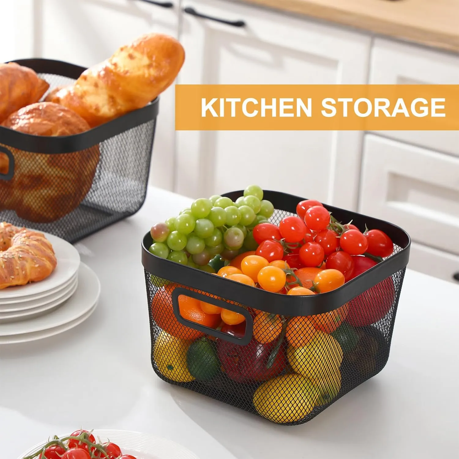 4 Pack Metal Mesh Steel Basket with Hollow Handles Square Wire Mesh Open Bin Fruit Storage Basket for Kitchen Bathroom Picnic Shopping Cabinet Home Items (Black, 9.6 x 9.6x 6.9 Inch)