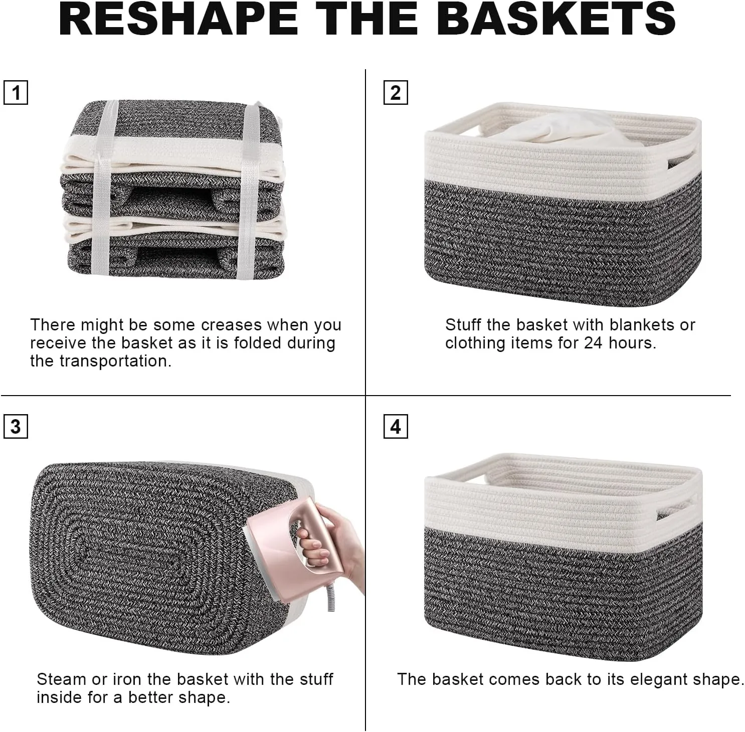 4 Pack Storage Baskets for Organizing, Woven Baskets for Shelves - Perfect for Toys, Books, Towels, and Clothes, Durable Gift Basket Bins Toy Storage, 12.7''Lx9''Wx7.8''H, Black & White