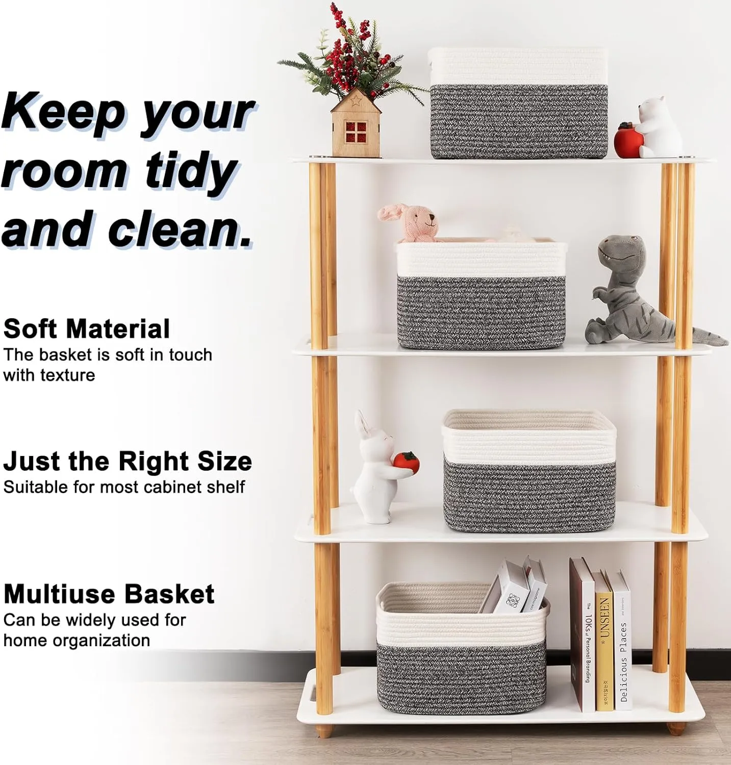 4 Pack Storage Baskets for Organizing, Woven Baskets for Shelves - Perfect for Toys, Books, Towels, and Clothes, Durable Gift Basket Bins Toy Storage, 12.7''Lx9''Wx7.8''H, Black & White