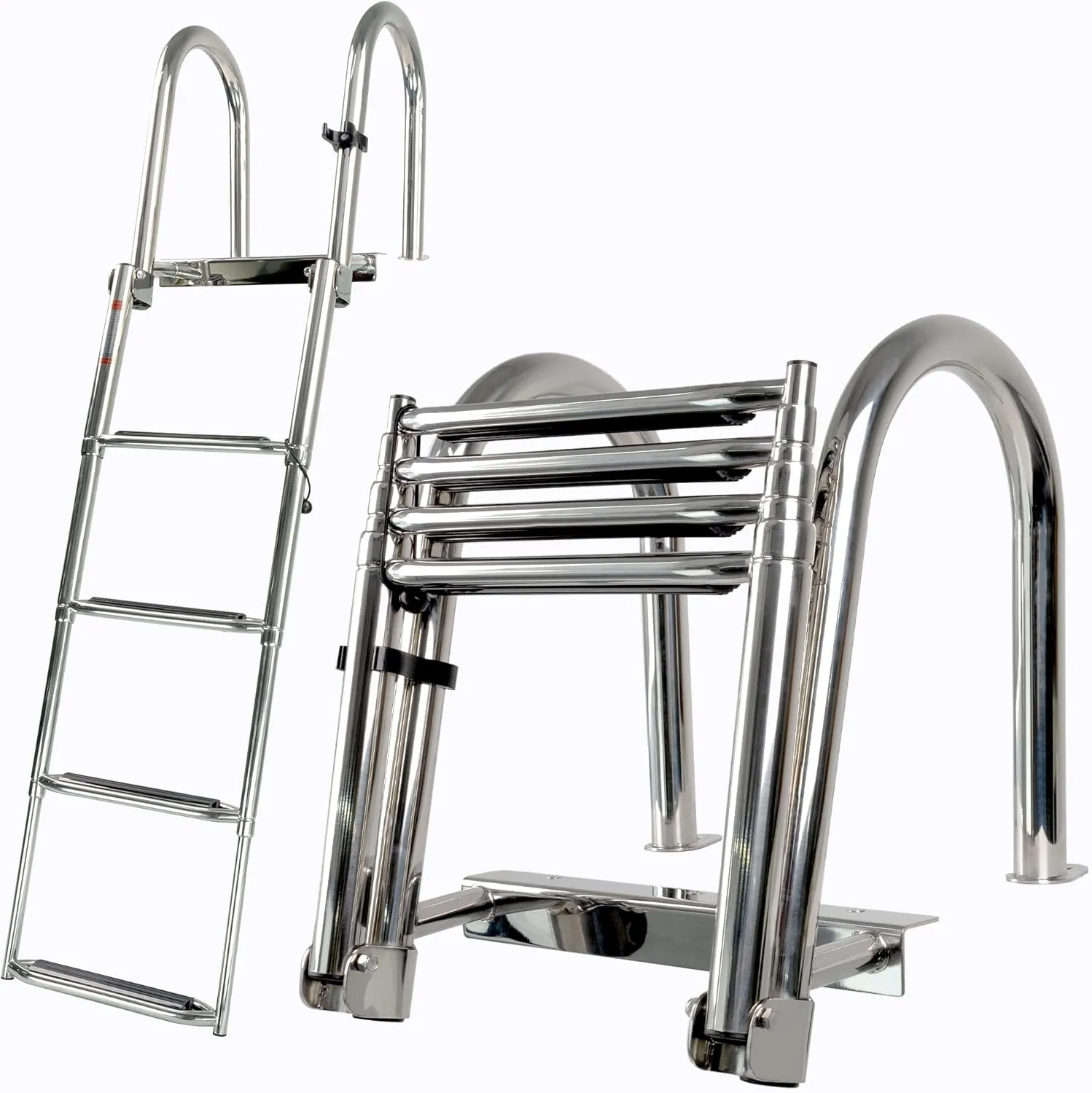 4 Step Pontoon Boat Ladder, Heavy Duty 316 Stainless Steel Telescoping Folding Ladder, Wide Non-Slip Steps & Secure Handrails - All Welded Reinforced for Dock, Swim Deck, Inboard Entry
