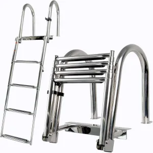 4 Step Pontoon Boat Ladder, Heavy Duty 316 Stainless Steel Telescoping Folding Ladder, Wide Non-Slip Steps & Secure Handrails - All Welded Reinforced for Dock, Swim Deck, Inboard Entry