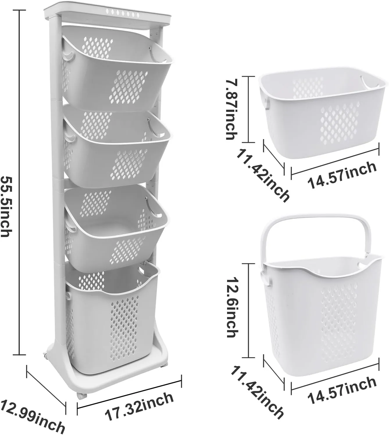 4-Tier Laundry Hamper Sorter, Laundry Storage Organizer with Wheels Removable Rolling Laundry Baskets, Bathroom Cart for Dirty Clothes