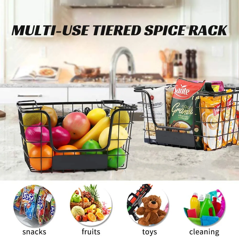 4PK-Stackable Wire Baskets XXL Fruit Vegetable Produce Baskets with Handles for Kitchen Countertop Metal Food Storage Bins for Pantry, Freezer, Bathroom-Black
