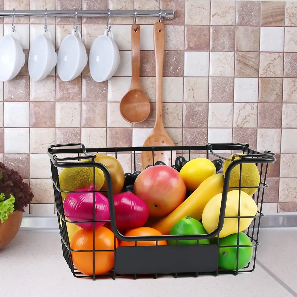 4PK-Stackable Wire Baskets XXL Fruit Vegetable Produce Baskets with Handles for Kitchen Countertop Metal Food Storage Bins for Pantry, Freezer, Bathroom-Black