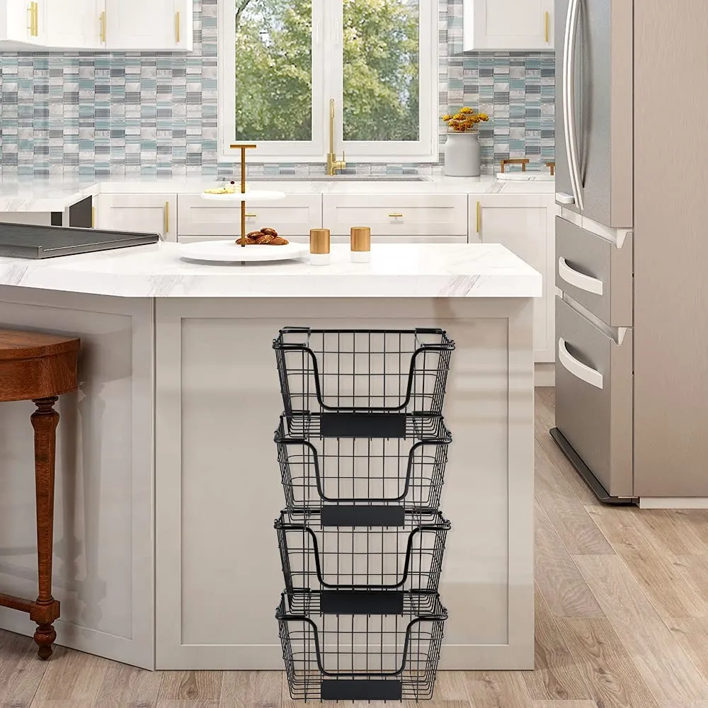 4PK-Stackable Wire Baskets XXL Fruit Vegetable Produce Baskets with Handles for Kitchen Countertop Metal Food Storage Bins for Pantry, Freezer, Bathroom-Black