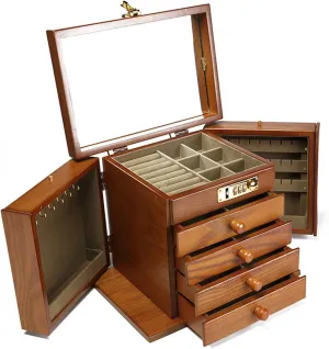 5 Layers Vintage Large Jewelry Organizer, Wooden Jewelry Storage Box Case with 4 Drawers, Ring, Earring Necklace Organizer with Mirror, Jewelry Box for Women, 10.8 x 7.5 x 9 in