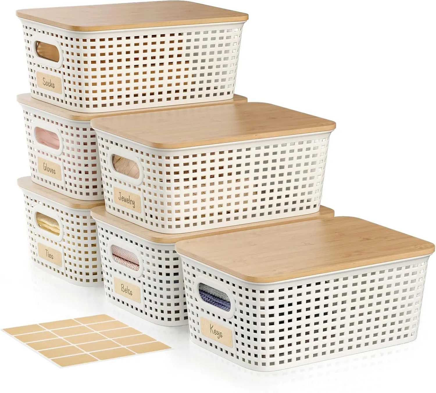 5 Quart Plastic Storage Bin with Bamboo Lid, Stackable Decorative Storage Basket Box Containers with Label for Organizing shelves Closet Office Playroom Classroom, White 6 Pack