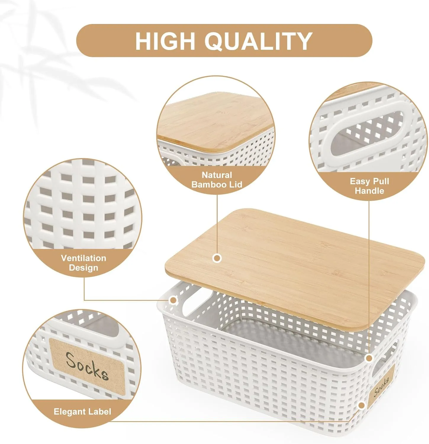 5 Quart Plastic Storage Bin with Bamboo Lid, Stackable Decorative Storage Basket Box Containers with Label for Organizing shelves Closet Office Playroom Classroom, White 6 Pack