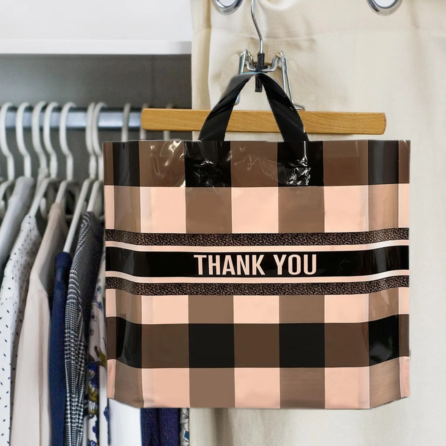 50 Count 9.8'' x 11.8'' Plaid Plastic Merchandise Thank You Bags with Handle - Perfect for Parties, Favors, Goodies