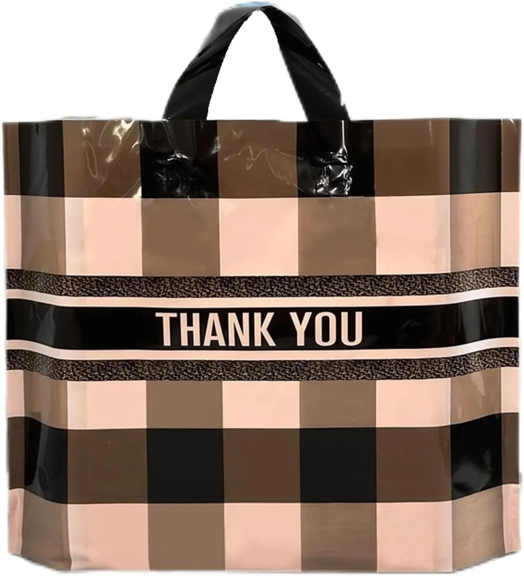 50 Count 9.8'' x 11.8'' Plaid Plastic Merchandise Thank You Bags with Handle - Perfect for Parties, Favors, Goodies
