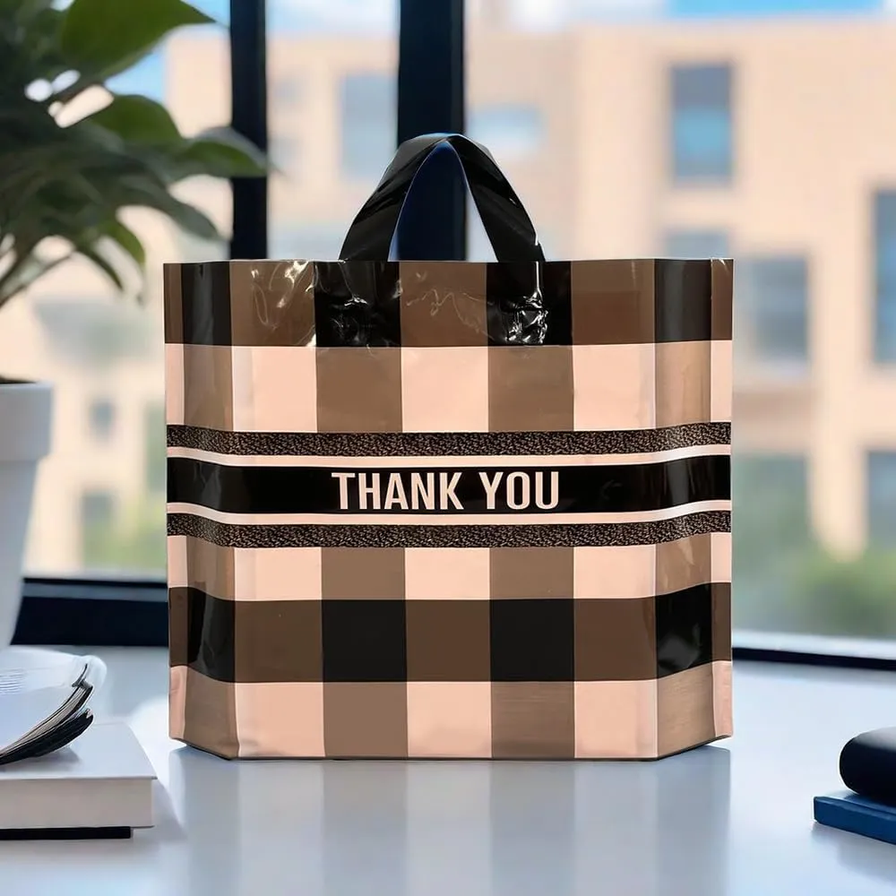 50 Count 9.8'' x 11.8'' Plaid Plastic Merchandise Thank You Bags with Handle - Perfect for Parties, Favors, Goodies