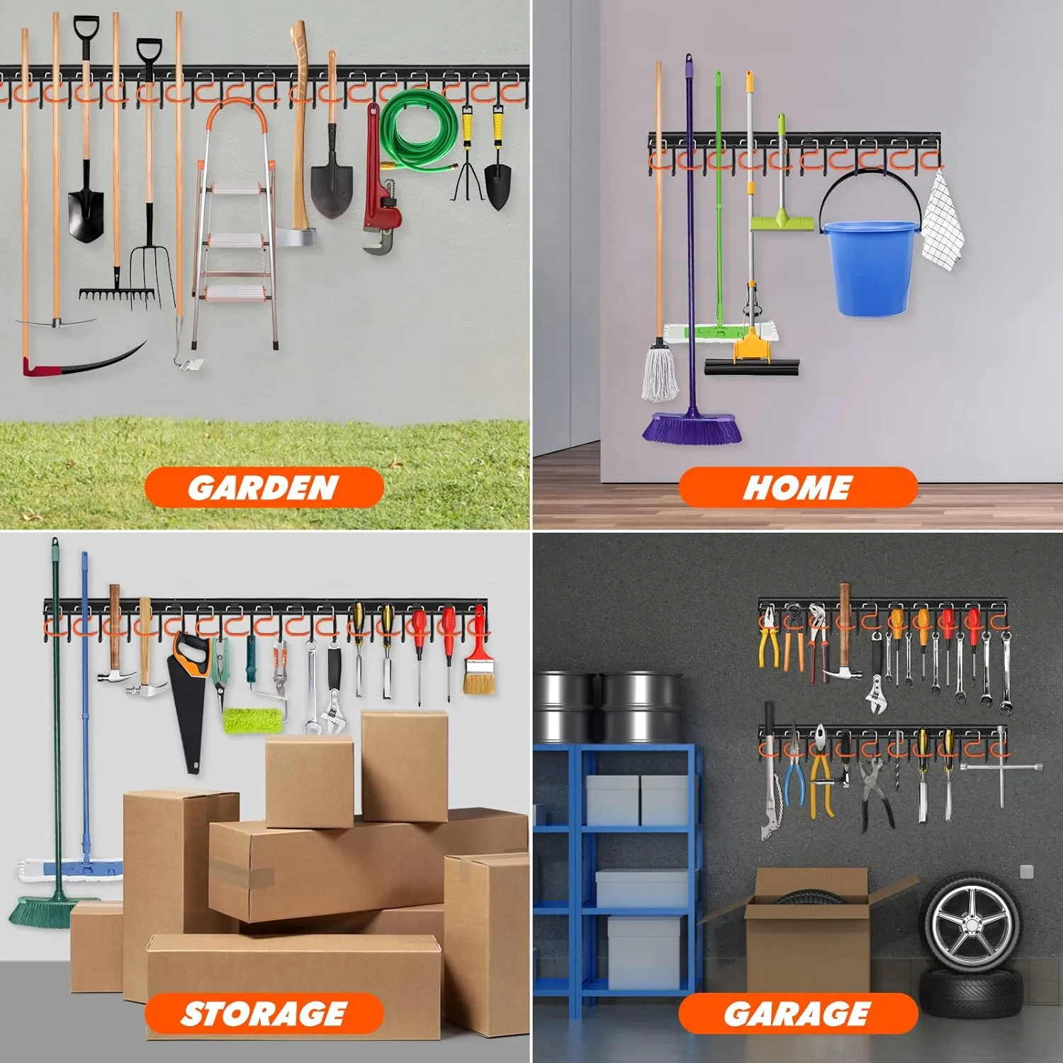 51'' All Metal Garden Tool Organizer Adjustable Garage Tool Organizer Wall Mount Garage Organizers and Storage with Heavy Duty Hooks Tool Hangers for Garage Wall, Shed, Garden