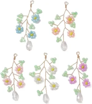5Pcs Random Color Flower Tree Leaf Charms Glass Seed Leaves Branch Dangle Pendants Handmade Floral Charms with Metal Loop for Jewelry Making Necklace Earring