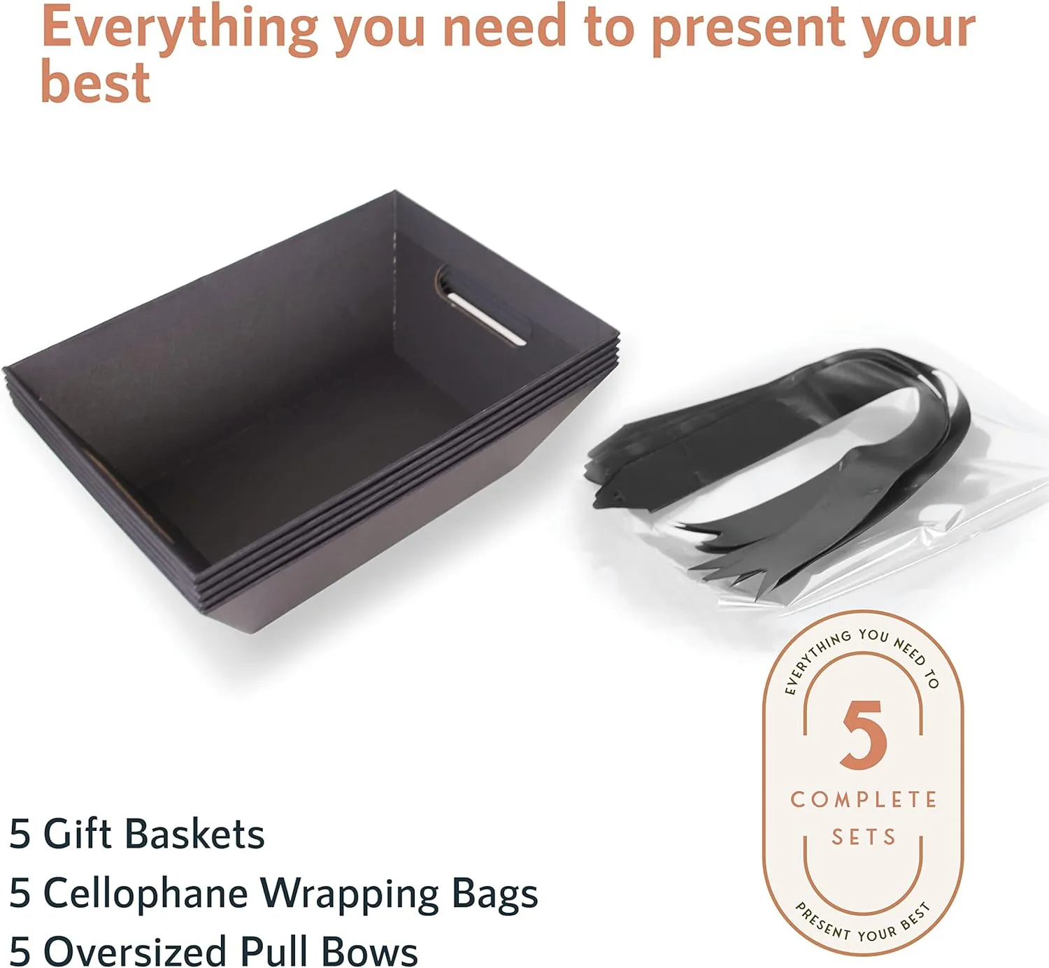 [5PK] Bulk Baskets For Gifts Empty To Fill | Gift Basket Kit- Small 8x10” Kraft Basket, Basket Bags, Gold Bows | Christmas, Valentines, Bridesmaid, Easter | Gift To Impress- Upper Midland (Black)